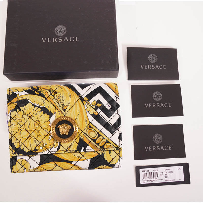 NEW $675 VERSACE Tribute Yellow SAVAGE BAROCCO Quilted Leather FRENCH WALLET NIB