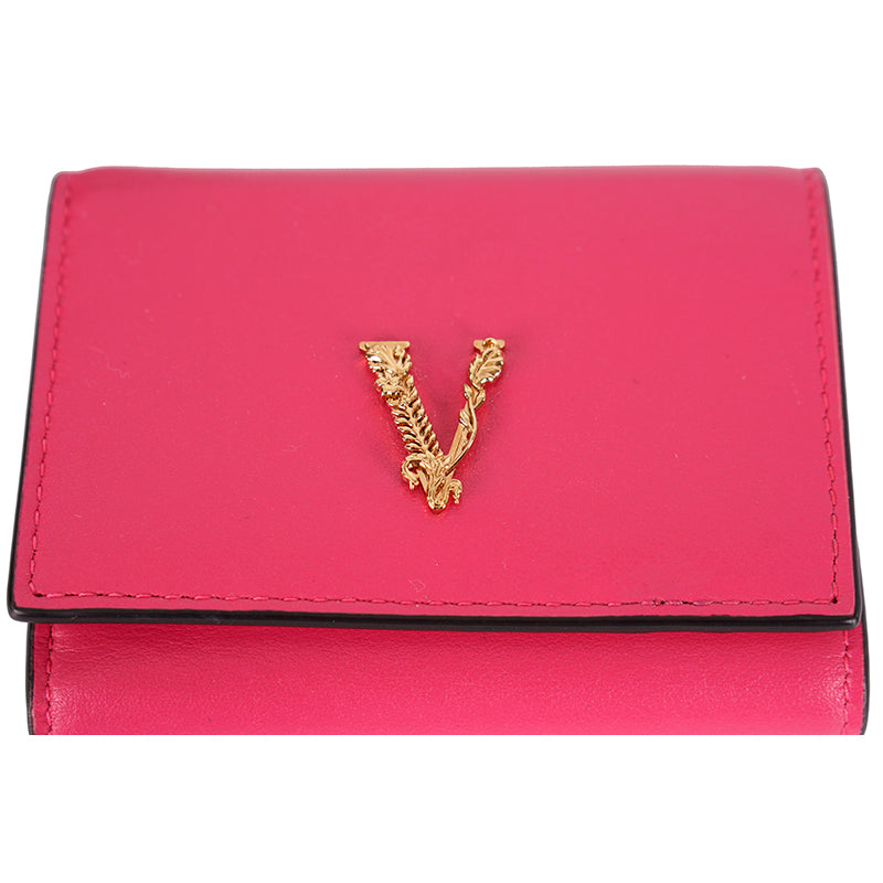 NEW $575 VERSACE Pink Leather Barocco BAROQUE V VIRTUS LOGO Tri-fold WALLET NIB