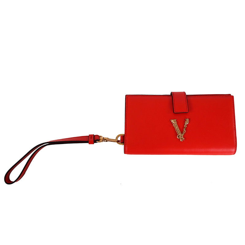 NEW $850 VERSACE Red Leather Gold Barocco V LOGO VIRTUS PHONE HOLDER WALLET NIB