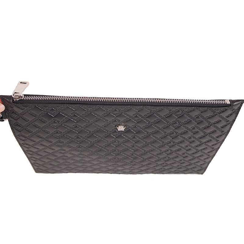 NEW $1095 VERSACE Black GREEK EMBOSSED Leather MEDUSA LOGO Wristlet CLUTCH BAG