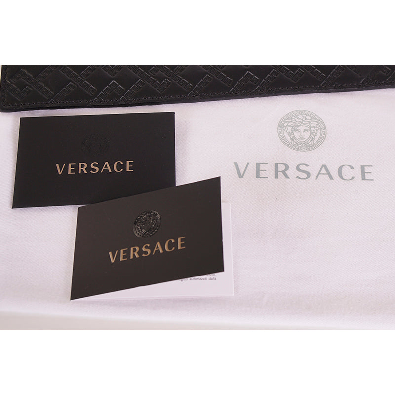 NEW $1095 VERSACE Black GREEK EMBOSSED Leather MEDUSA LOGO Wristlet CLUTCH BAG