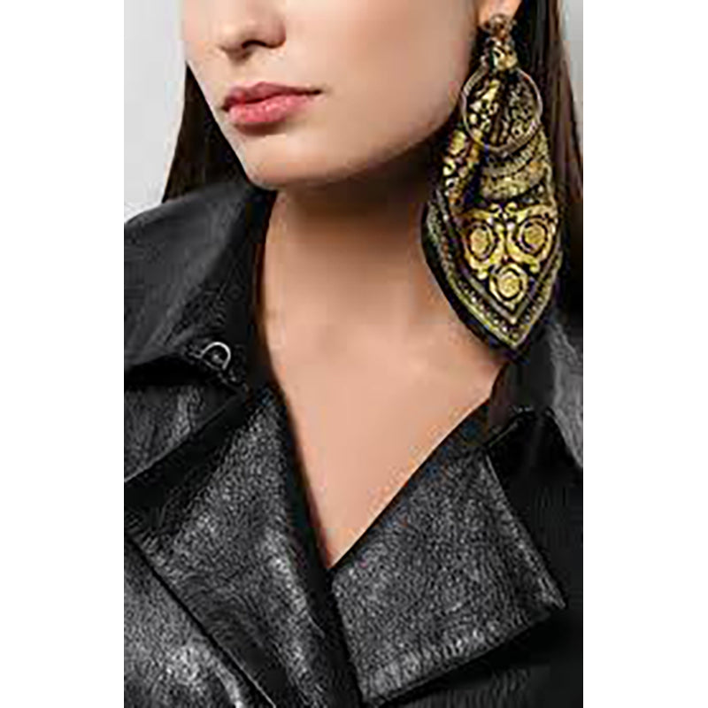 NEW  VERSACE Gold BARROCCO SILK SCARF Brass MEDUSA HOOP Pierced EARRINGS NIB