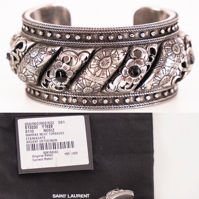 NEW $995 SAINT LAURENT Marrakech Black AGATE Antique AGED FINISH CUFF BRACELET
