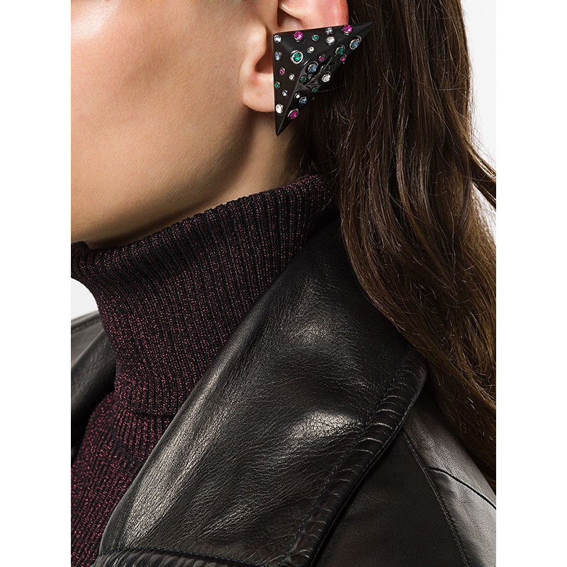 NEW $495 SAINT LAURENT 80's Crystal Black Triangle OPYUM YSL LOGO Clip EARRINGS
