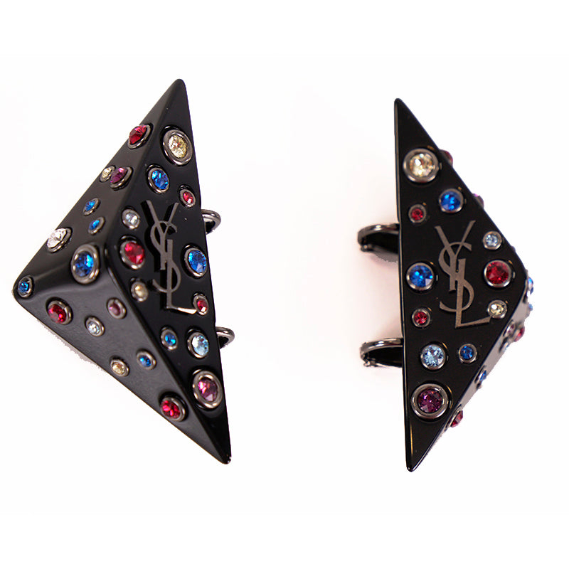 NEW $495 SAINT LAURENT 80's Crystal Black Triangle OPYUM YSL LOGO Clip EARRINGS
