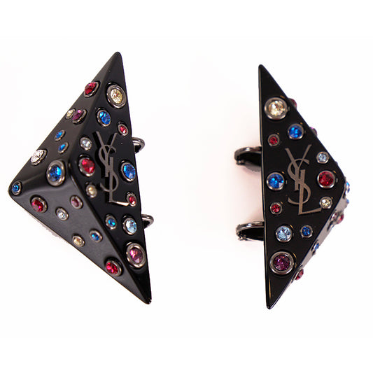 NEW $495 SAINT LAURENT 80's Crystal Black Triangle OPYUM YSL LOGO Clip EARRINGS
