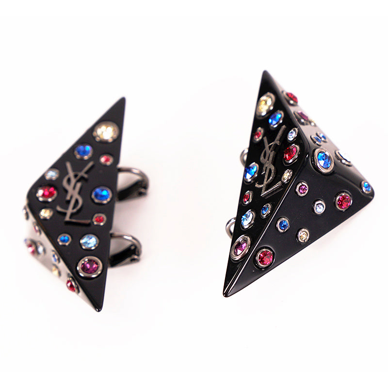 NEW $495 SAINT LAURENT 80's Crystal Black Triangle OPYUM YSL LOGO Clip EARRINGS