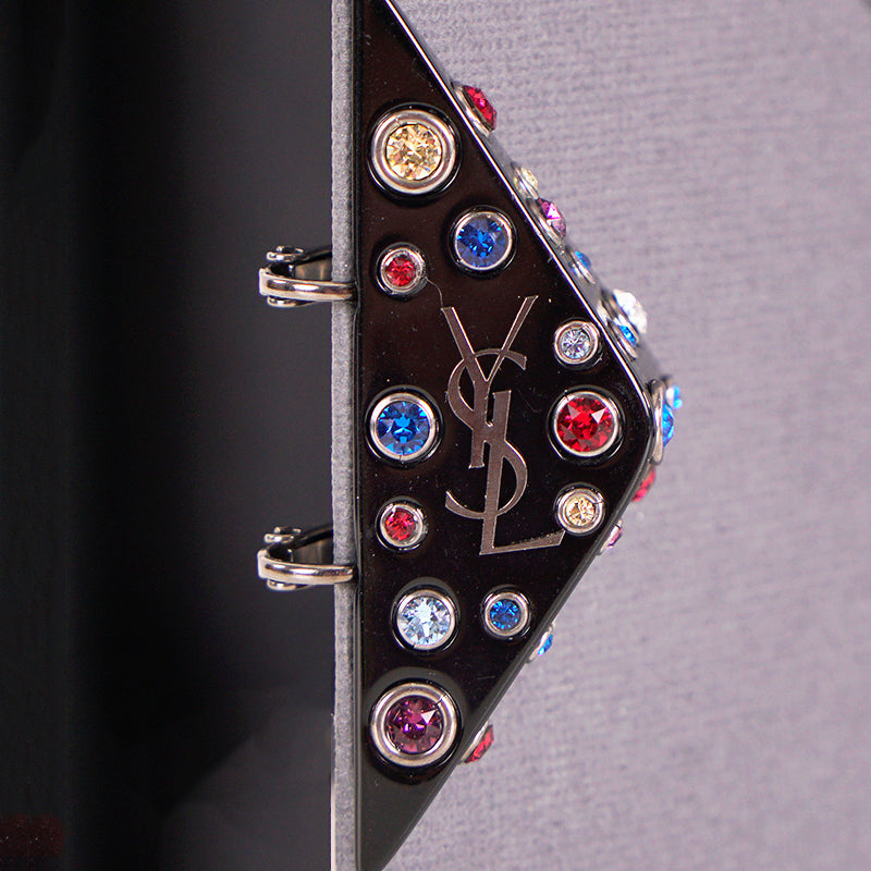 NEW $495 SAINT LAURENT 80's Crystal Black Triangle OPYUM YSL LOGO Clip EARRINGS