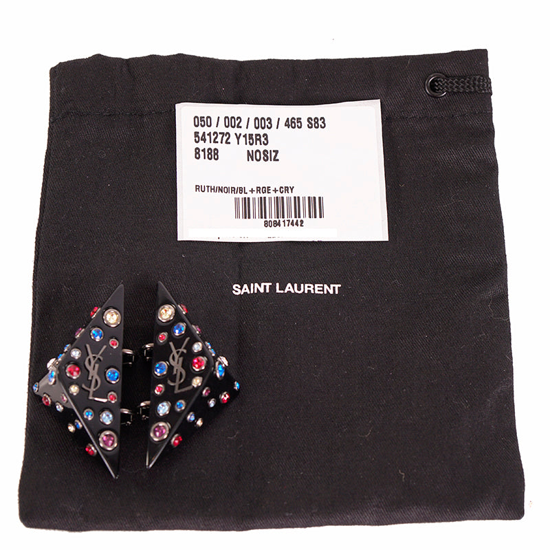 NEW $495 SAINT LAURENT 80's Crystal Black Triangle OPYUM YSL LOGO Clip EARRINGS