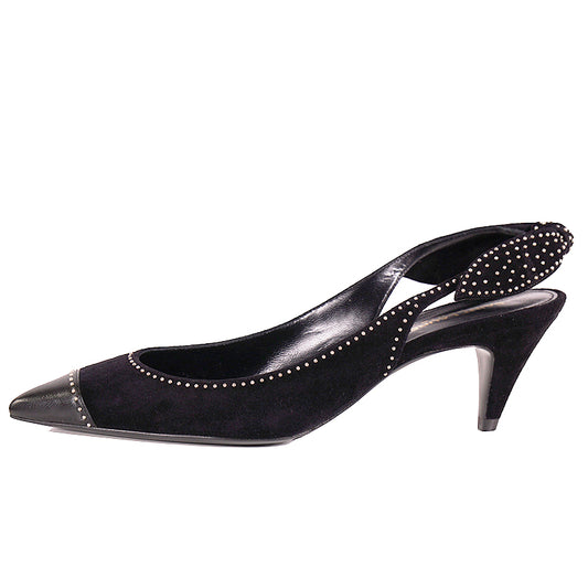 sz 37 NEW $1,095 SAINT LAURENT Black Suede STUDDED Charlotte 55 SLING BACK HEELS