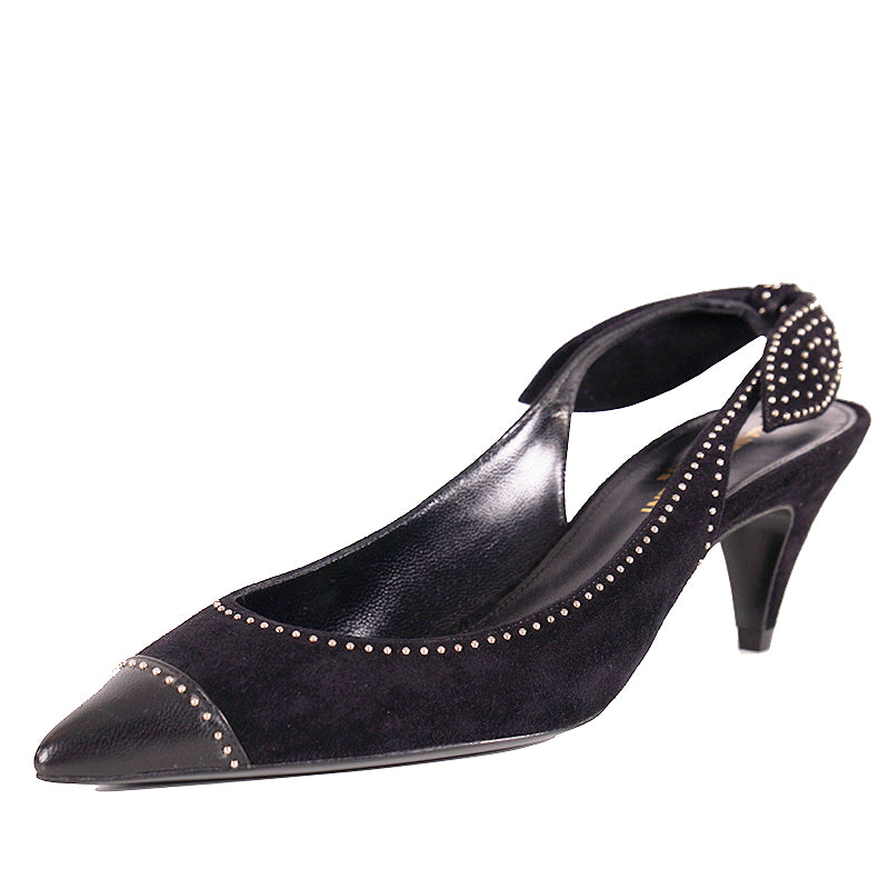 sz 37 NEW $1,095 SAINT LAURENT Black Suede STUDDED Charlotte 55 SLING BACK HEELS