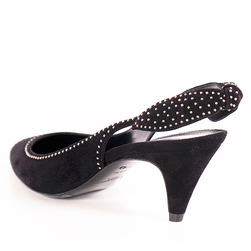 sz 37 NEW $1,095 SAINT LAURENT Black Suede STUDDED Charlotte 55 SLING BACK HEELS