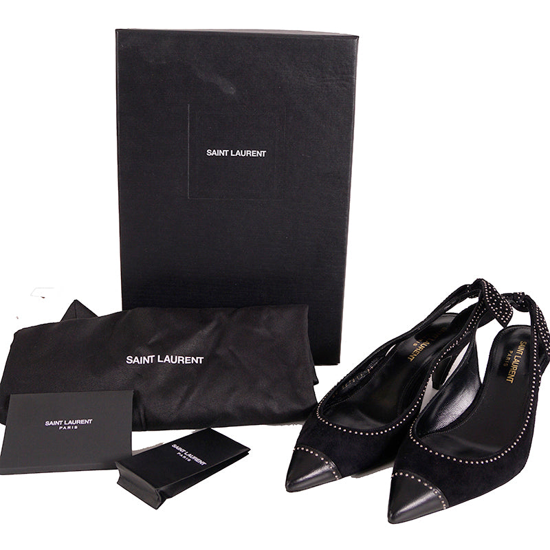 sz 37 NEW $1,095 SAINT LAURENT Black Suede STUDDED Charlotte 55 SLING BACK HEELS