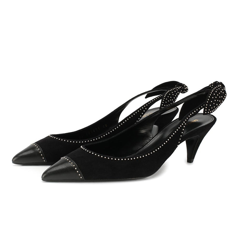 sz 37 NEW $1,095 SAINT LAURENT Black Suede STUDDED Charlotte 55 SLING BACK HEELS