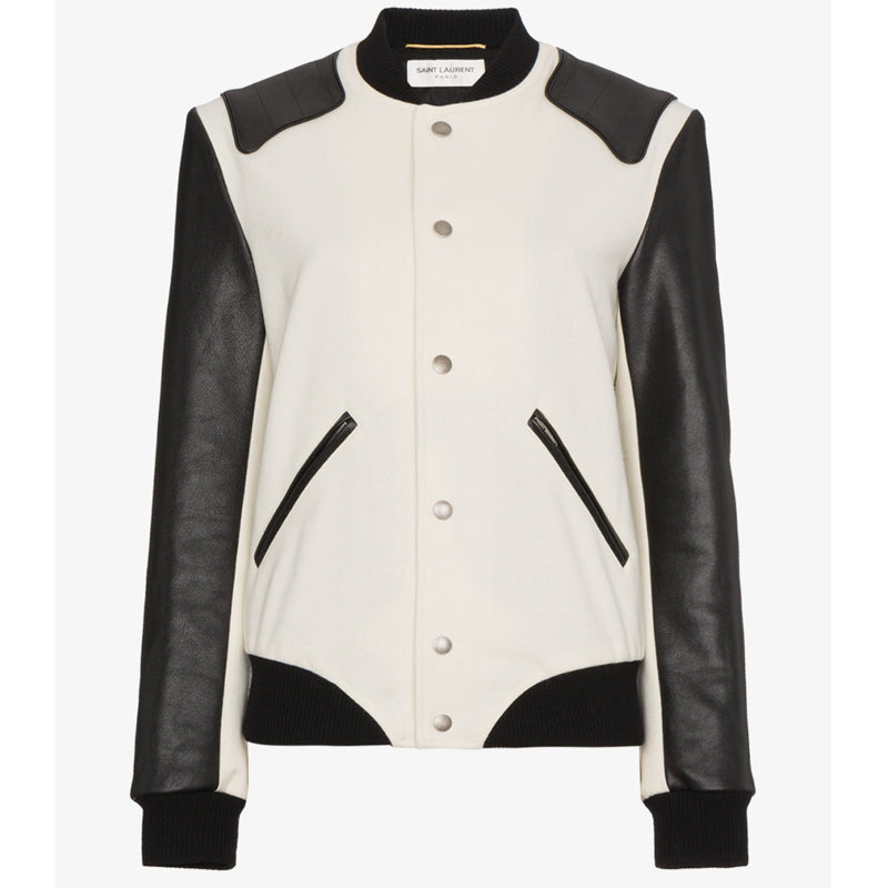 SZ 36 NEW $3,870 SAINT LAURENT Woman's HEAVEN LEATHER SLEEVE Bomber TEDDY JACKET