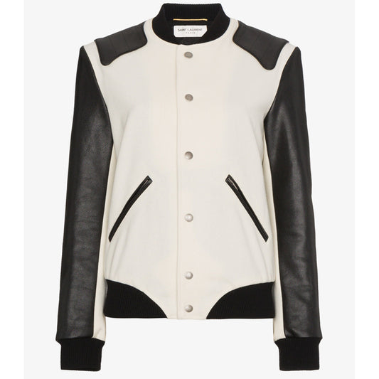SZ 36 NEW $3,870 SAINT LAURENT Woman's HEAVEN LEATHER SLEEVE Bomber TEDDY JACKET