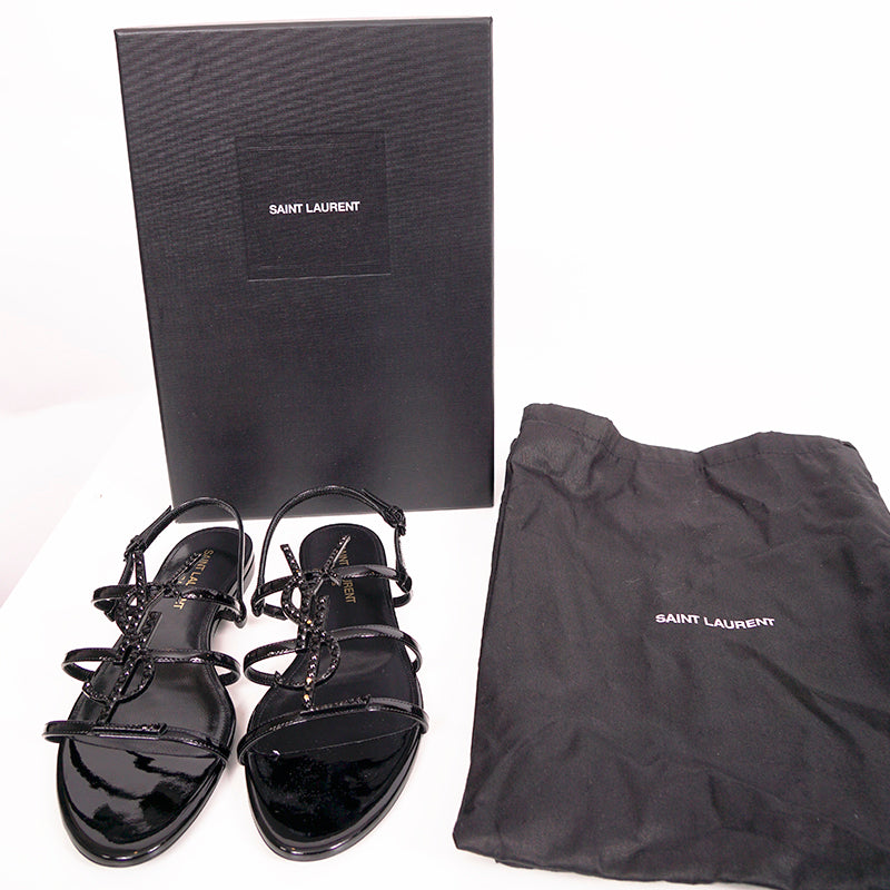 Saint Laurent YSL Cassandra Silver Black Logo Leather Strappy Flat Sandal 36.5