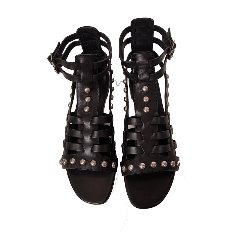 sz 37 NEW $1050 SAINT LAURENT Black WOVEN LEATHER Studded GLADIATOR Boho SANDALS