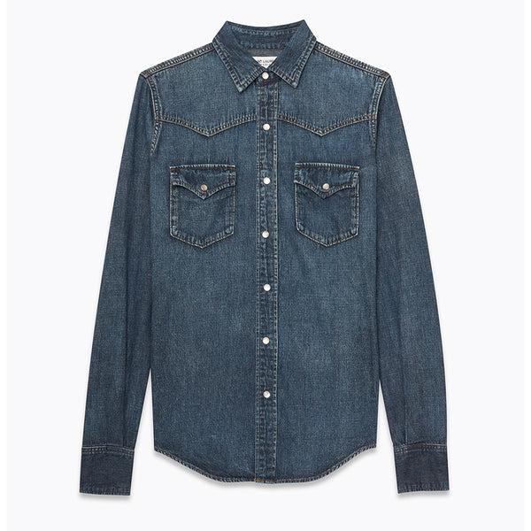 sz M NEW $750 SAINT LAURENT Vintage Blue JAPAN DENIM Classic WESTERN Style SHIRT