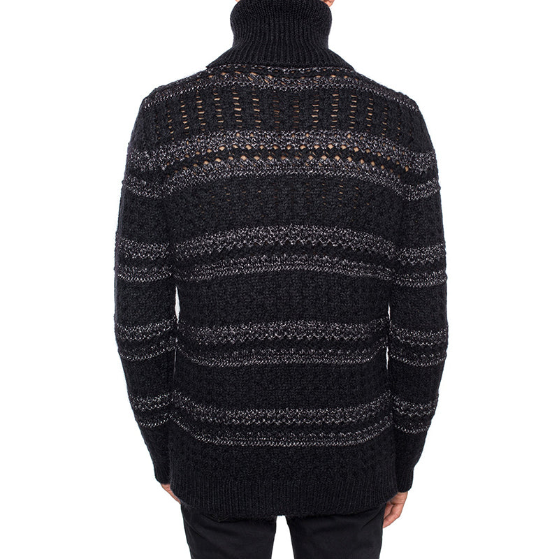 sz S NEW $1290 SAINT LAURENT Men's Black Silver Striped Wool Mohiar KNIT SWEATER