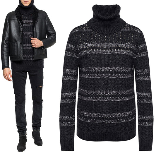 sz S NEW $1290 SAINT LAURENT Men's Black Silver Striped Wool Mohiar KNIT SWEATER
