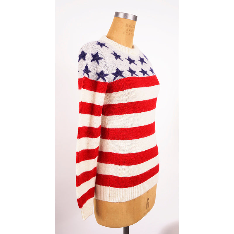 XS NEW $1290 SAINT LAURENT Wool Knit Jacquard AMERICAN Stars Striped Top SWEATER