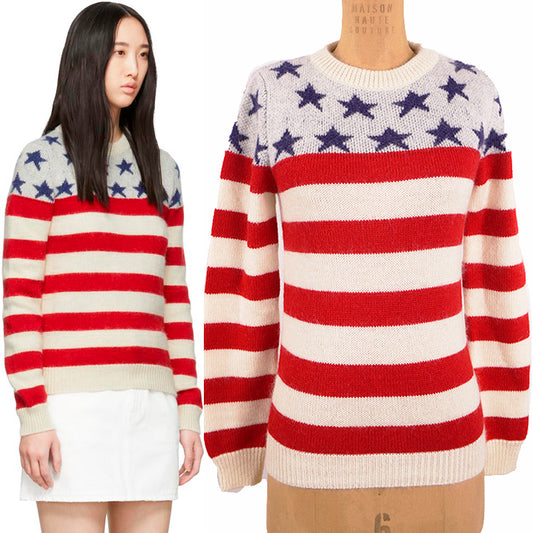 XS NEW $1290 SAINT LAURENT Wool Knit Jacquard AMERICAN Stars Striped Top SWEATER