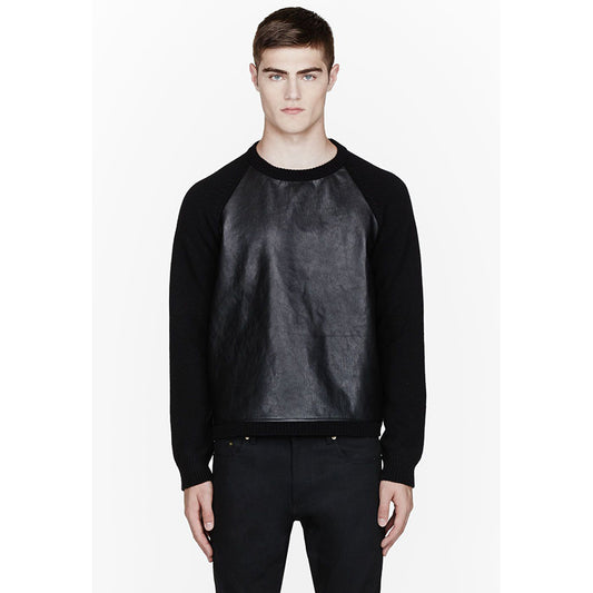 sz M NEW $1,790 SAINT LAURENT Men's Black LEATHER & Wool Cashmere Knit SWEATER