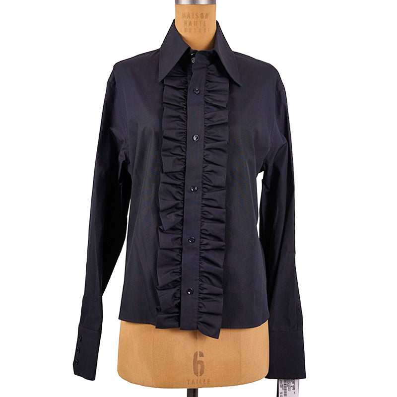 40 NEW $950 SAINT LAURENT Runway Blue Cotton Ruffle Front Crisp BLOUSE SHIRT TOP