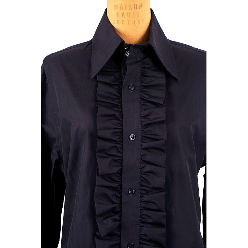 40 NEW $950 SAINT LAURENT Runway Blue Cotton Ruffle Front Crisp BLOUSE SHIRT TOP