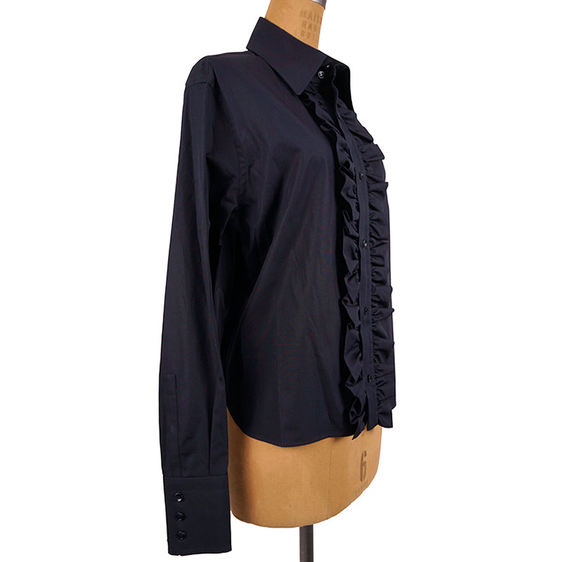 40 NEW $950 SAINT LAURENT Runway Blue Cotton Ruffle Front Crisp BLOUSE SHIRT TOP