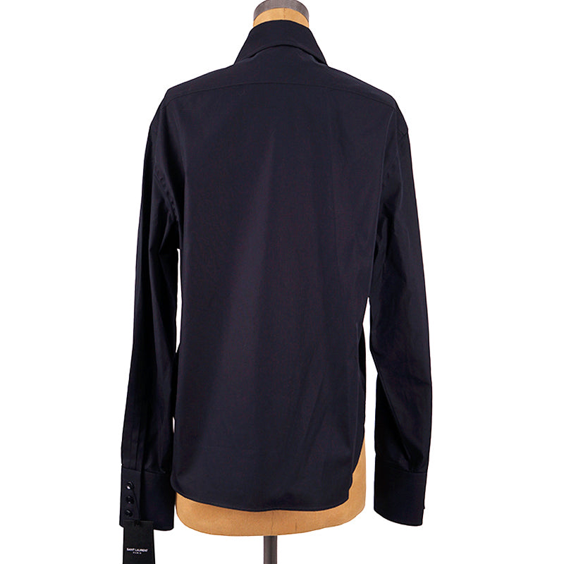 40 NEW $950 SAINT LAURENT Runway Blue Cotton Ruffle Front Crisp BLOUSE SHIRT TOP