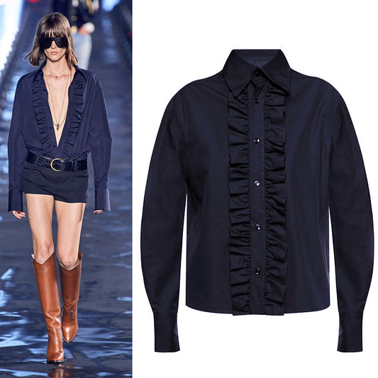 40 NEW $950 SAINT LAURENT Runway Blue Cotton Ruffle Front Crisp BLOUSE SHIRT TOP