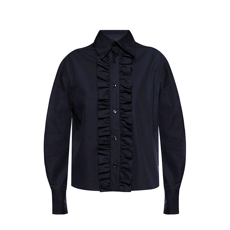 40 NEW $950 SAINT LAURENT Runway Blue Cotton Ruffle Front Crisp BLOUSE SHIRT TOP