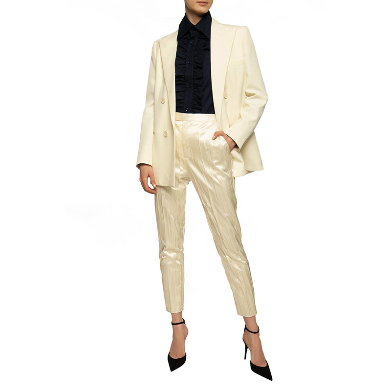 40 NEW $950 SAINT LAURENT Runway Blue Cotton Ruffle Front Crisp BLOUSE SHIRT TOP