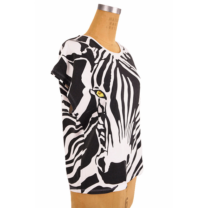sz XS NEW $850 SAINT LAURENT White BLACK ZEBRA FACE & PRINT Cotton T-Shirt TOP