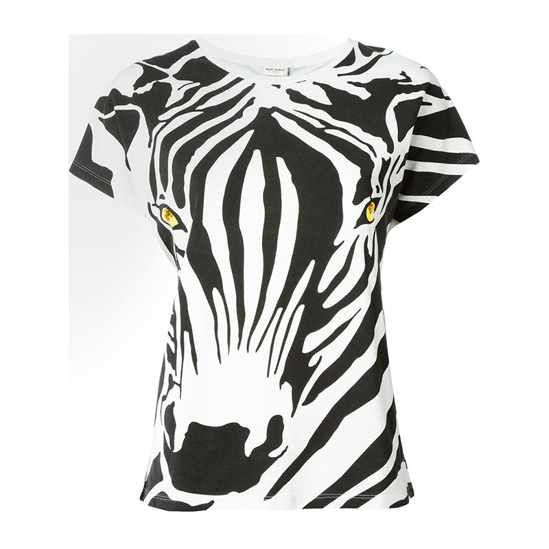 sz XS NEW $850 SAINT LAURENT White BLACK ZEBRA FACE & PRINT Cotton T-Shirt TOP