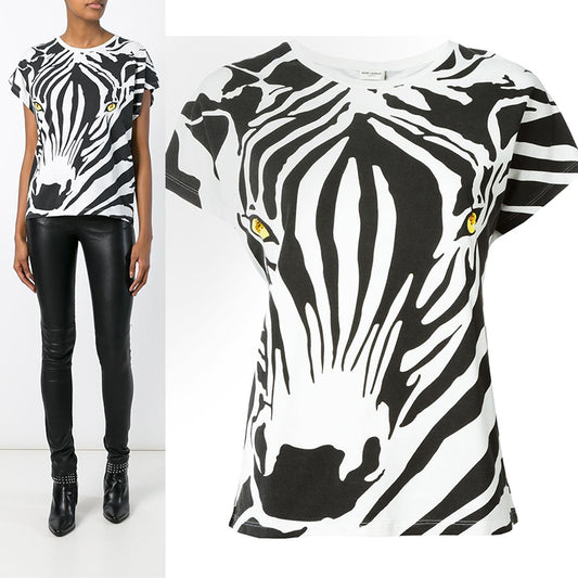 sz XS NEW $850 SAINT LAURENT White BLACK ZEBRA FACE & PRINT Cotton T-Shirt TOP