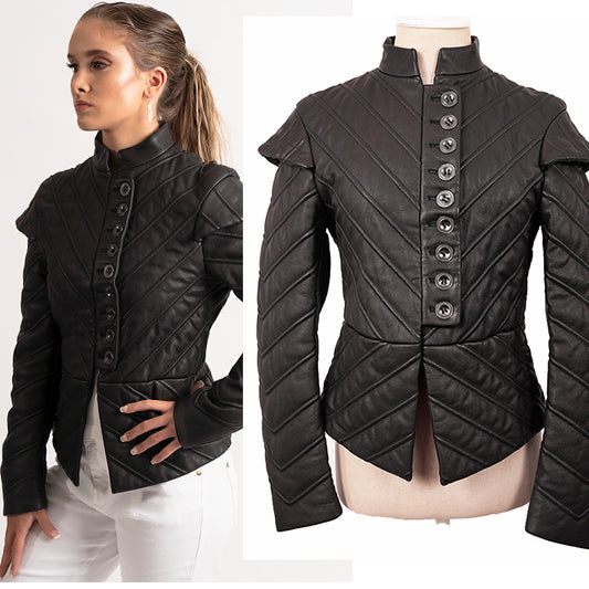 SZ 38 NEW $3,795 BURBERRY Black Leather CHEVRON Panelled Military Gothic JACKET