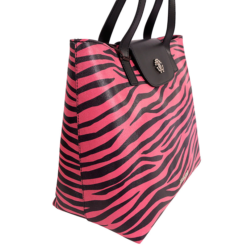 NEW $1,320 ROBERTO CAVALLI Pink & Black TIGER PRINT LEATHER Large LOGO TOTE BAG