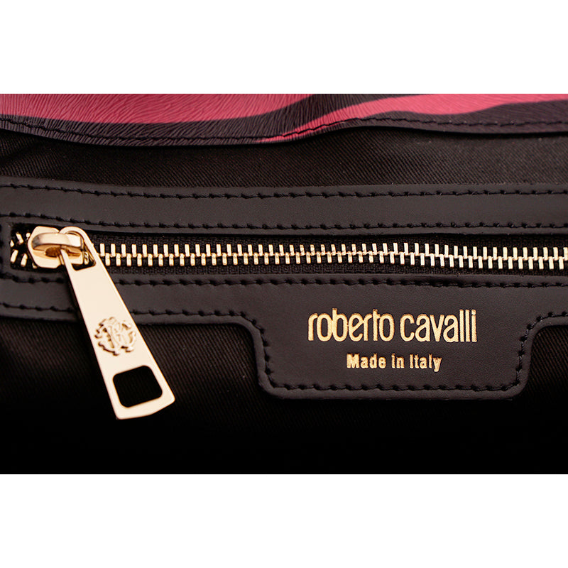 NEW $1,320 ROBERTO CAVALLI Pink & Black TIGER PRINT LEATHER Large LOGO TOTE BAG