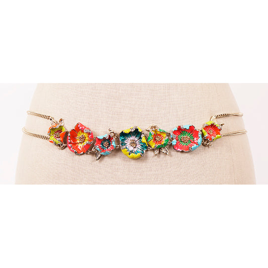 SZ 46 NEW $890 ROBERTO CAVALLI Gold Tone Chain FLORAL Enameled Flower BELT
