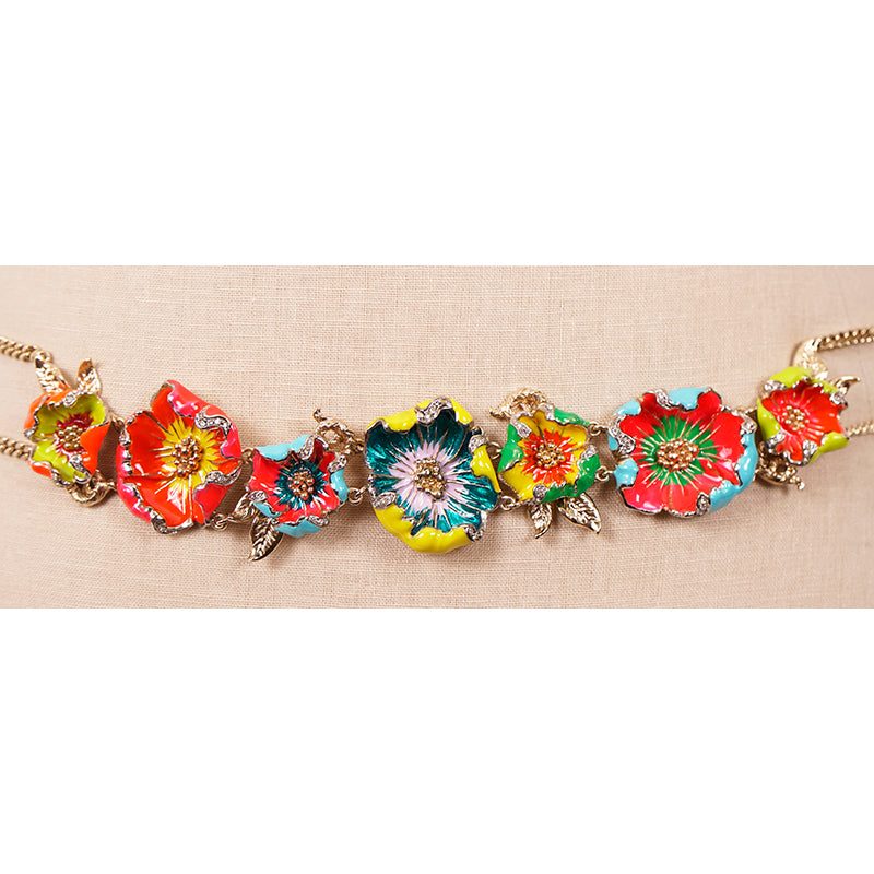 SZ 46 NEW $890 ROBERTO CAVALLI Gold Tone Chain FLORAL Enameled Flower BELT