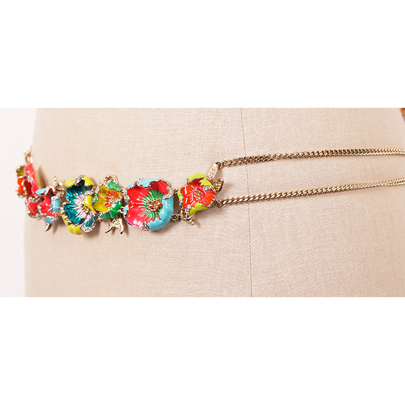 SZ 46 NEW $890 ROBERTO CAVALLI Gold Tone Chain FLORAL Enameled Flower BELT