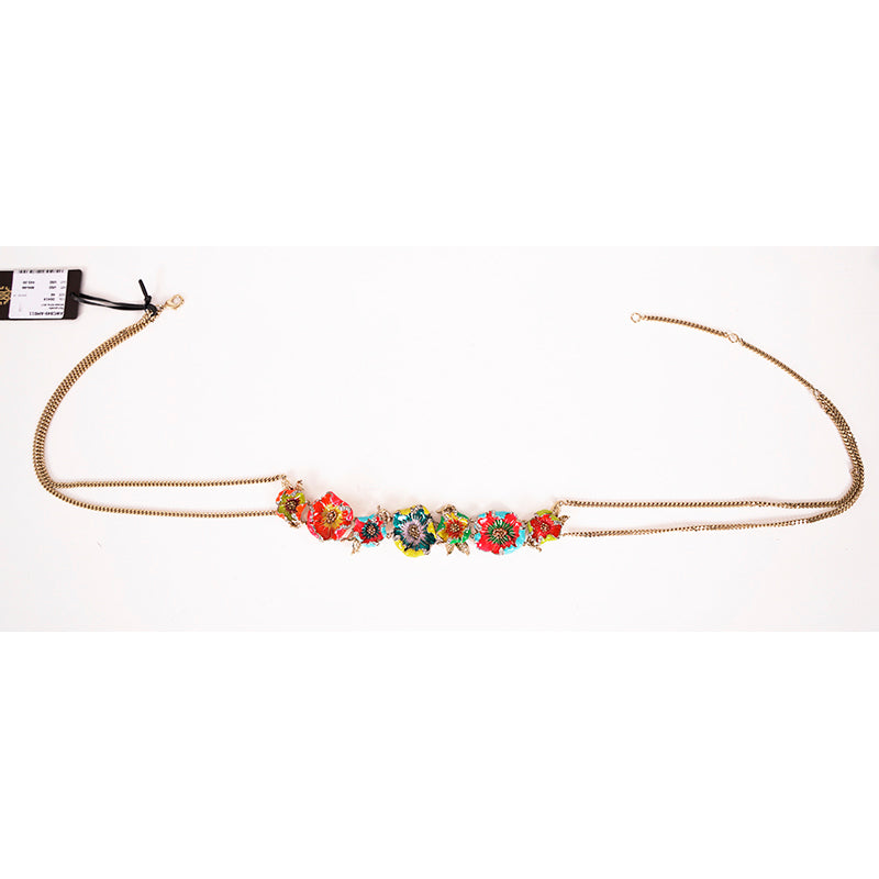 SZ 46 NEW $890 ROBERTO CAVALLI Gold Tone Chain FLORAL Enameled Flower BELT