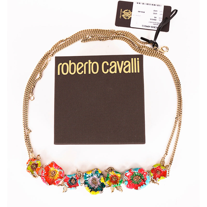 SZ 46 NEW $890 ROBERTO CAVALLI Gold Tone Chain FLORAL Enameled Flower BELT