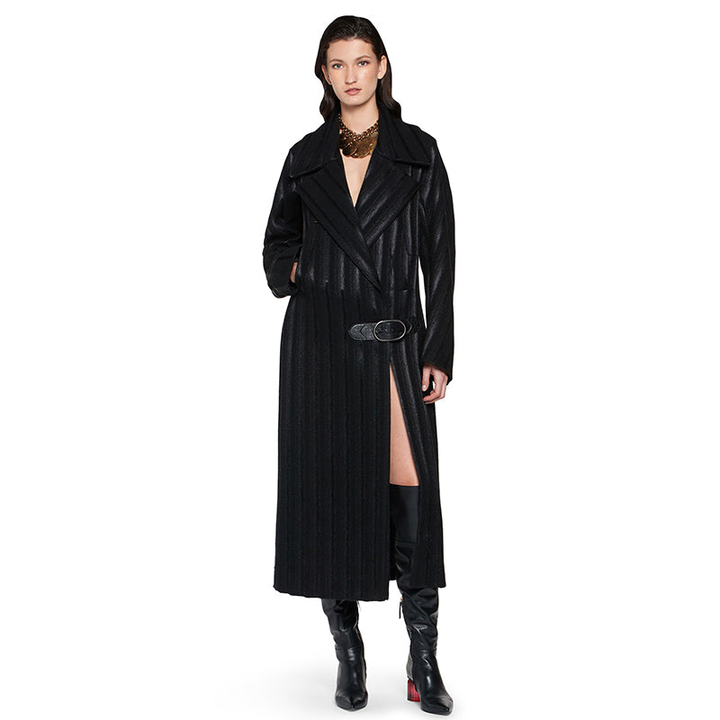 SZ 40 4 NEW $3,850 ROBERTO CAVALLI Runway Long Black DAMASK Striped Wool COAT