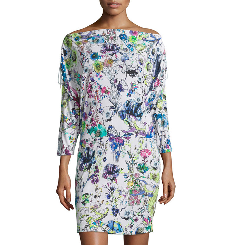sz 38 XS NEW $1,190 ROBERTO CAVALLI White Jersey ASTRO GARDEN FLORAL Robot DRESS