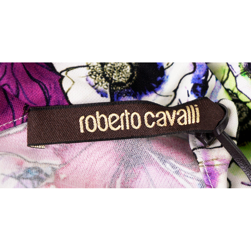 sz 38 XS NEW $1,190 ROBERTO CAVALLI White Jersey ASTRO GARDEN FLORAL Robot DRESS