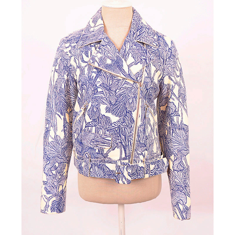 40 NEW $6395 ROBERTO CAVALLI RUNWAY Blue Botanic Print LEATHER Motorcycle JACKET